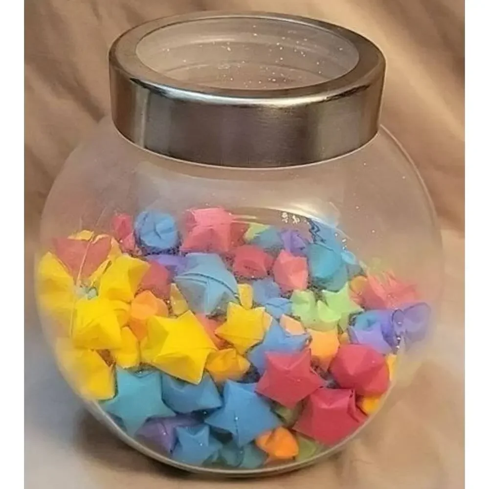 Glass Storage Jar with Handmade Origami Stars in Various Colors